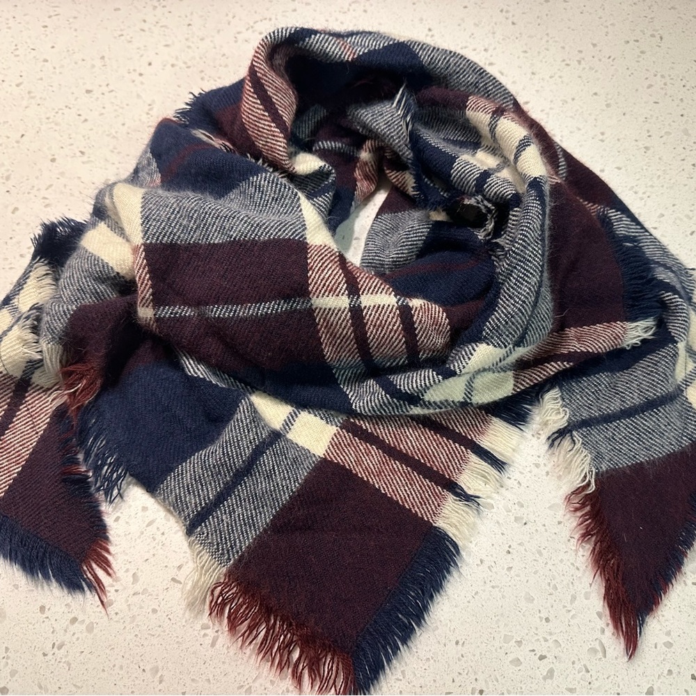 Maroon/Purple, Navy and Cream Blanket Plaid Flannel Scarf